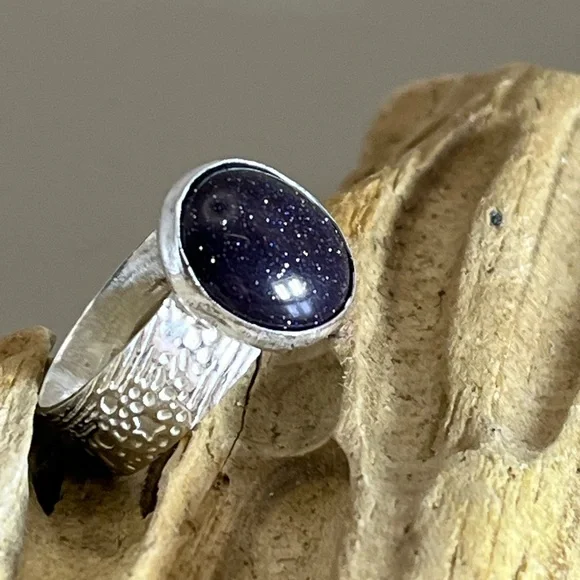 Blue Goldstone and Sterling Silver Ring with Vintage Detailing Rings